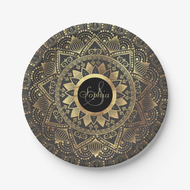 Elegant gold mandala artwork paper plates (Front)