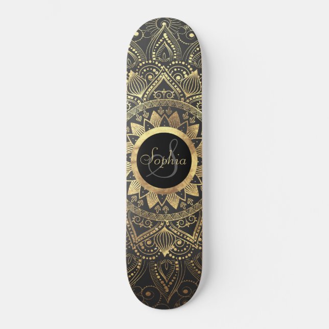 Elegant gold mandala artwork skateboard deck (Front)