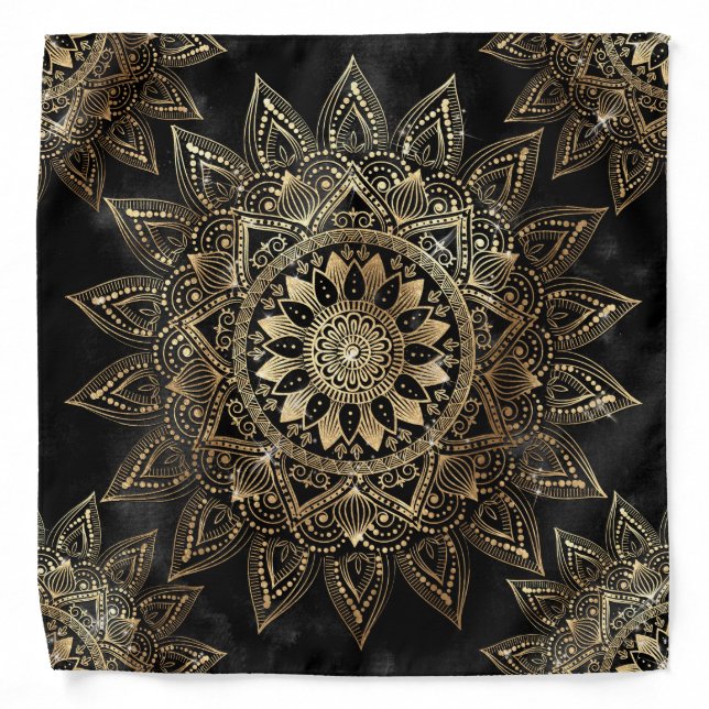 Elegant Gold Mandala Black Design Bandana (Front)