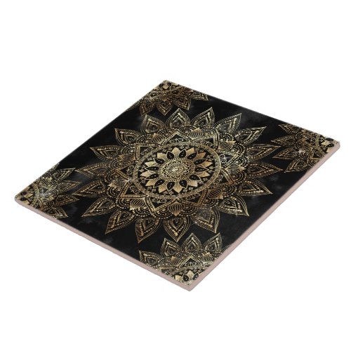 Elegant Gold Mandala Black Design Ceramic Tile