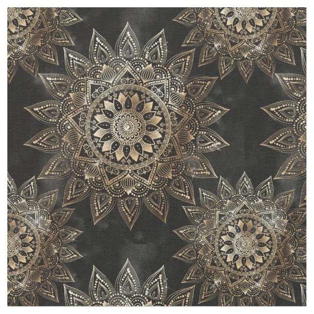 Elegant Gold Mandala Black Design Fabric (Close Up)
