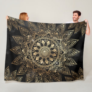 Elegant Gold Mandala Black Design Fleece Blanket