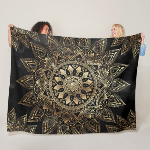 Elegant Gold Mandala Black Design Fleece Blanket