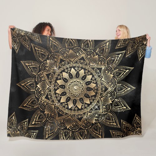 Elegant Gold Mandala Black Design Fleece Blanket