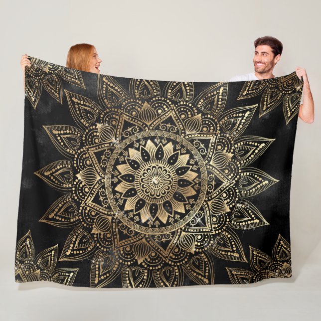 Elegant Gold Mandala Black Design Fleece Blanket (In Situ)