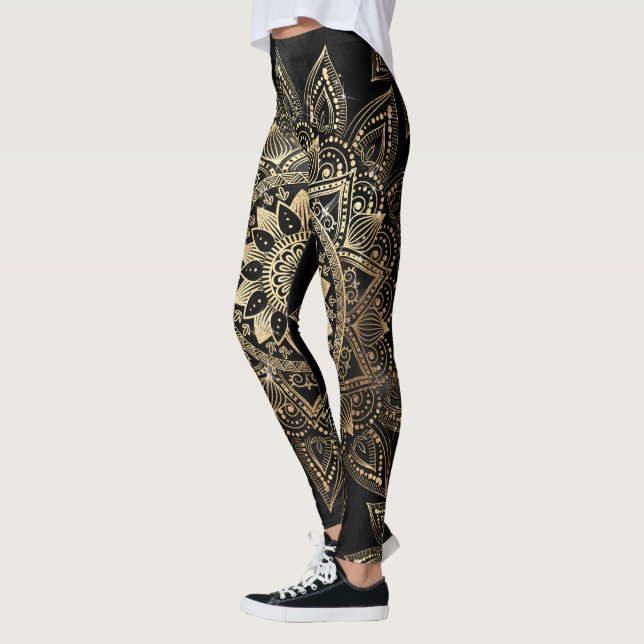 Elegant Gold Mandala Black Design Leggings (Left)