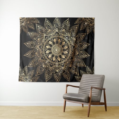 Elegant Gold Mandala Black Design Tapestry