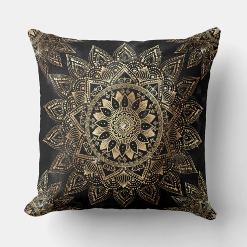 Elegant Gold Mandala Black Design Throw Pillow