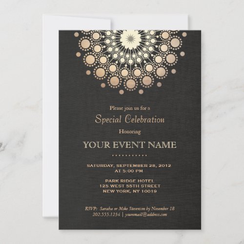 Elegant Gold Circle Motif Black Linen Look Formal Personalized Invitations