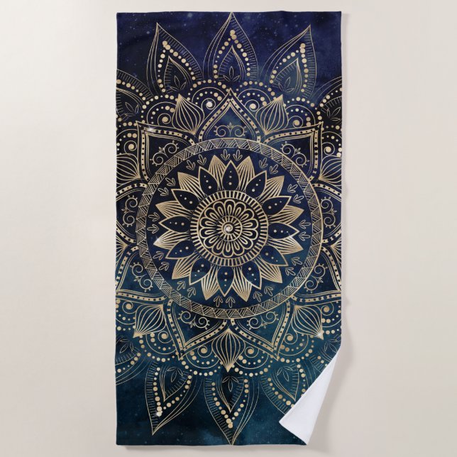 Elegant Gold Mandala Blue Galaxy Beach Towel (Front)