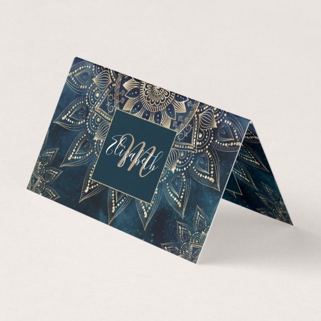 Elegant Gold Mandala Blue Galaxy Business Card (Front)