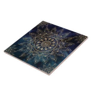 Elegant Gold Mandala Blue Galaxy Ceramic Tile
