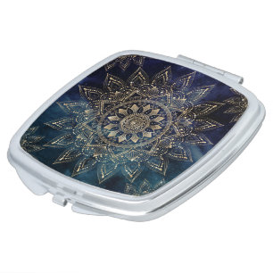 Elegant Gold Mandala Blue Galaxy Compact Mirror