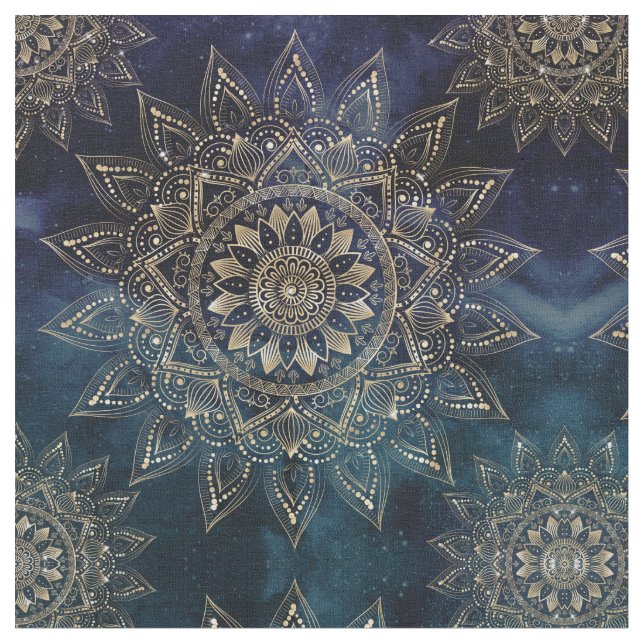 Elegant Gold Mandala Blue Galaxy Fabric (Close Up)