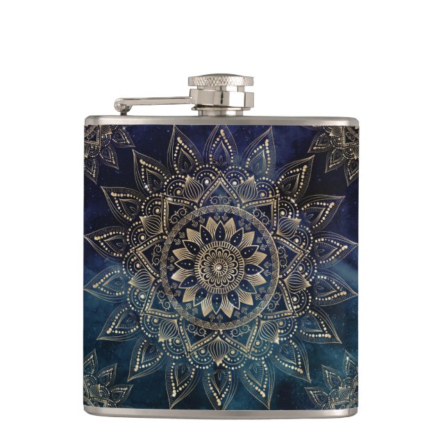 Elegant Gold Mandala Blue Galaxy Flask (Front)