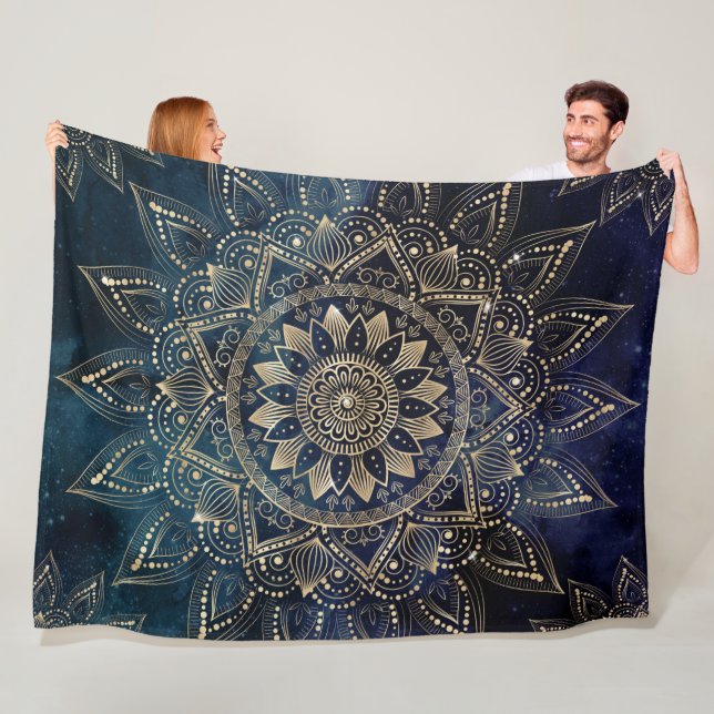 Elegant Gold Mandala Blue Galaxy Fleece Blanket (In Situ)