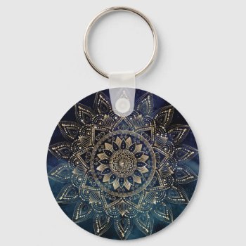 Elegant Gold Mandala Blue Galaxy Keychain by Trendy_arT at Zazzle