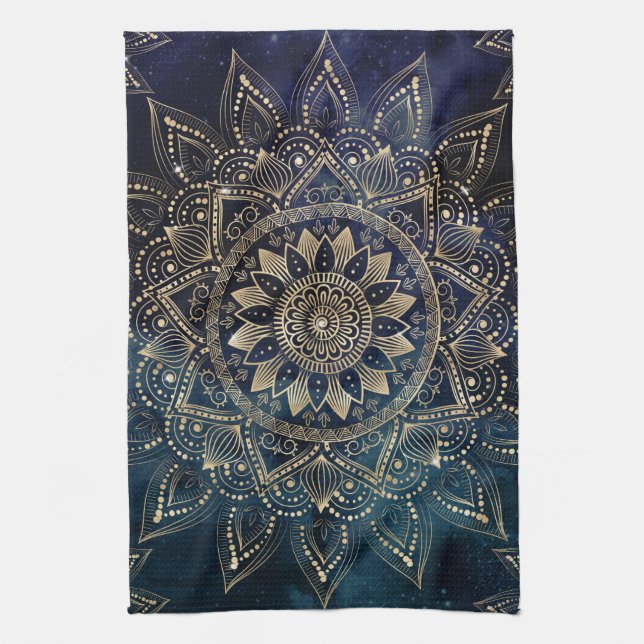 Elegant Gold Mandala Blue Galaxy Kitchen Towel (Vertical)