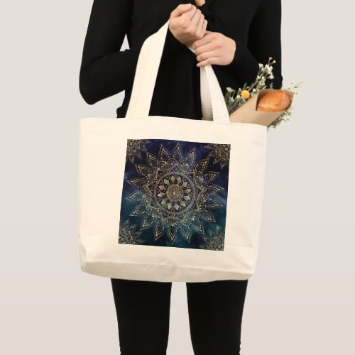 Elegant Gold Mandala Blue Galaxy Large Tote Bag