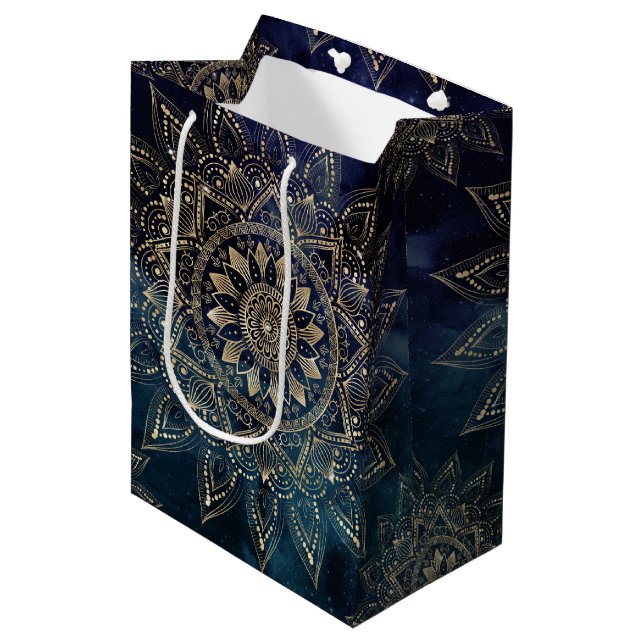 Elegant Gold Mandala Blue Galaxy Medium Gift Bag (Front Angled)