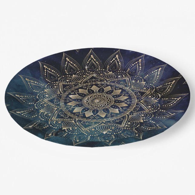 Elegant Gold Mandala Blue Galaxy Paper Plates (Angled)