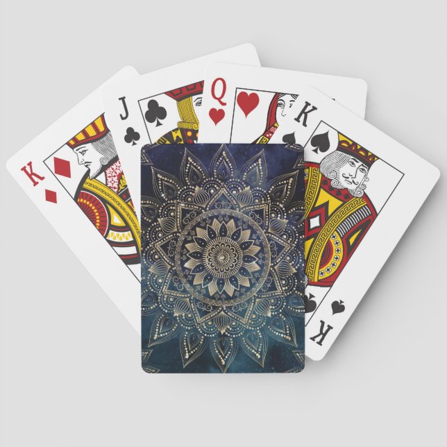 Elegant Gold Mandala Blue Galaxy Poker Cards (Back)