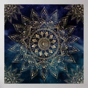 Elegant Gold Mandala Blue Galaxy Poster