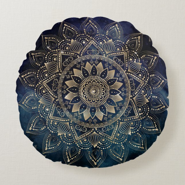 Elegant Gold Mandala Blue Galaxy Round Pillow (Front)