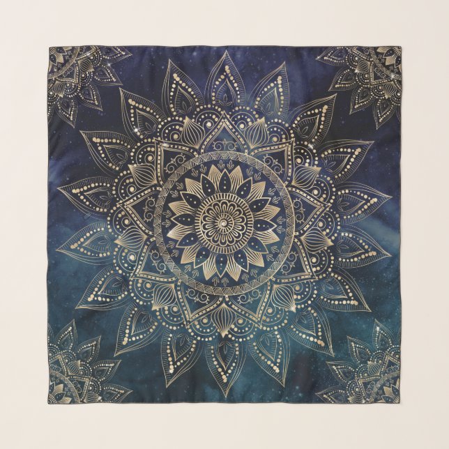 Elegant Gold Mandala Blue Galaxy Scarf (Front)