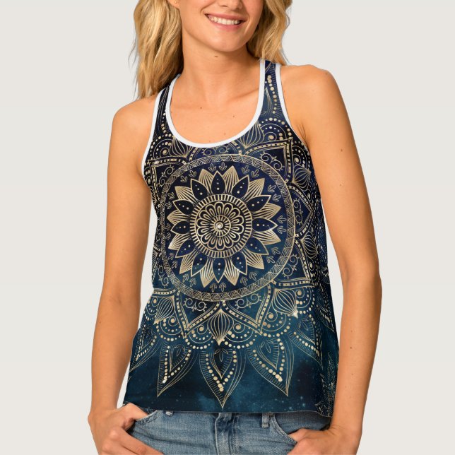 Elegant Gold Mandala Blue Galaxy Tank Top (Front)