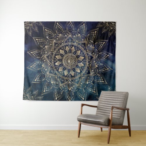 Elegant Gold Mandala Blue Galaxy Tapestry
