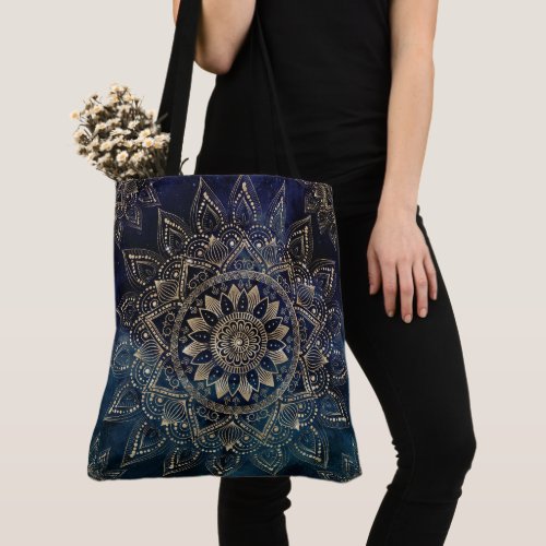 Elegant Gold Mandala Blue Galaxy Tote Bag