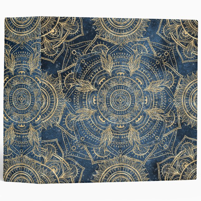 Elegant Gold Mandala Blue Whimsy Design 3 Ring Binder (Front/Spine)