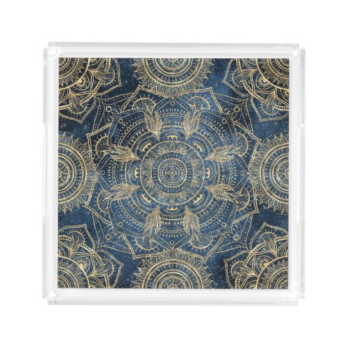 Elegant Gold Mandala Blue Whimsy Design Acrylic Tray
