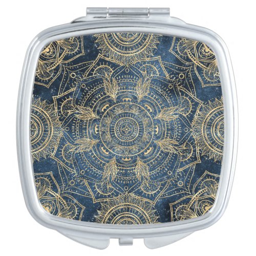 Elegant Gold Mandala Blue Whimsy Design Compact Mirror