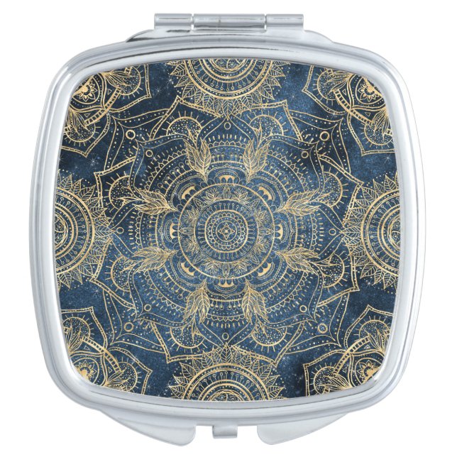 Elegant Gold Mandala Blue Whimsy Design Compact Mirror (Front)