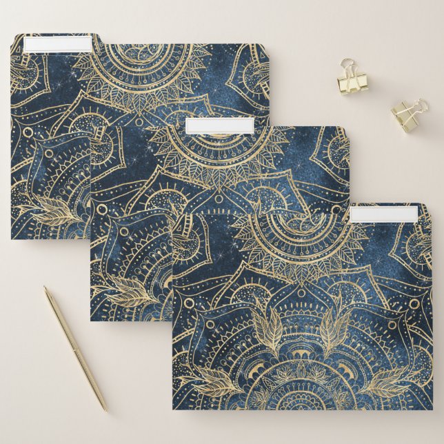 Elegant Gold Mandala Blue Whimsy Design File Folder (Set)