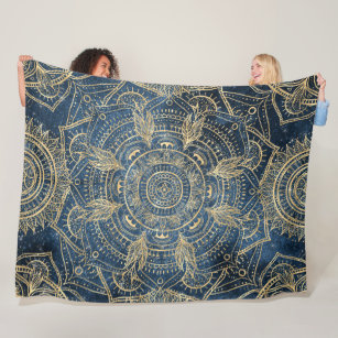 Elegant Gold Mandala Blue Whimsy Design Fleece Blanket