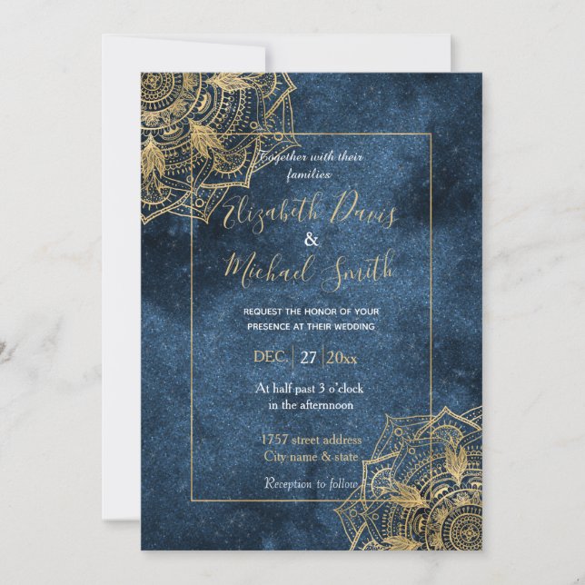 Elegant Gold Mandala Blue Whimsy Design Invitation (Front)
