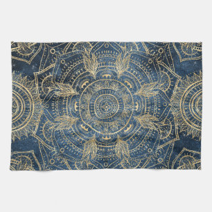 Elegant Gold Mandala Blue Whimsy Design Kitchen Towel