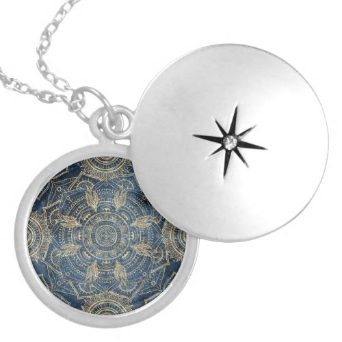 Elegant Gold Mandala Blue Whimsy Design Locket Necklace