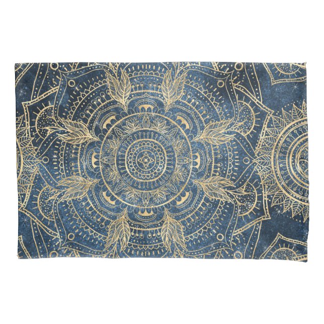 Elegant Gold Mandala Blue Whimsy Design Pillow Case (Front-Left)