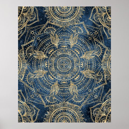 Elegant Gold Mandala Blue Whimsy Design Poster