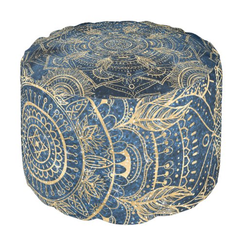 Elegant Gold Mandala Blue Whimsy Design Pouf