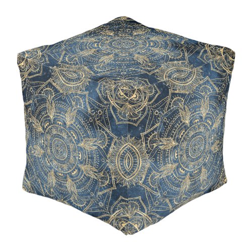 Elegant Gold Mandala Blue Whimsy Design Pouf