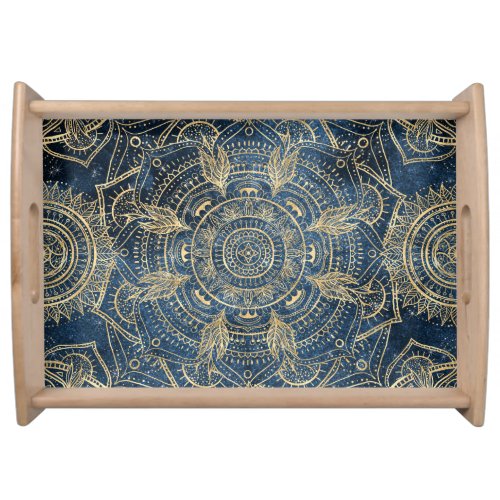 Elegant Gold Mandala Blue Whimsy Design Serving Tray