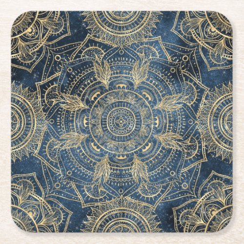 Elegant Gold Mandala Blue Whimsy Design Square Paper Coaster
