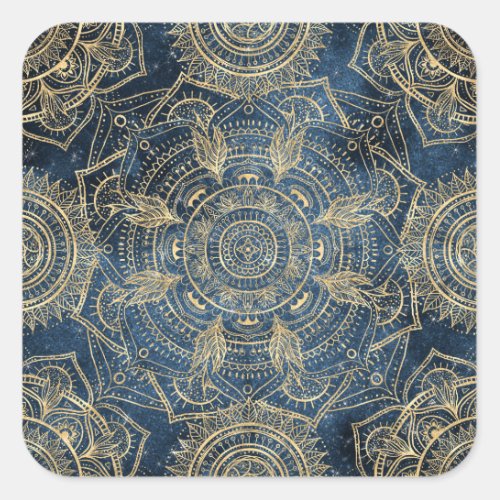 Elegant Gold Mandala Blue Whimsy Design Square Sticker