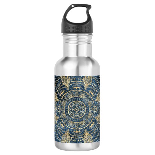 Elegant Gold Mandala Blue Whimsy Design Stainless Steel Water Bottle