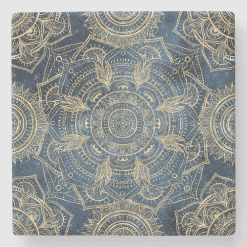 Elegant Gold Mandala Blue Whimsy Design Stone Coaster